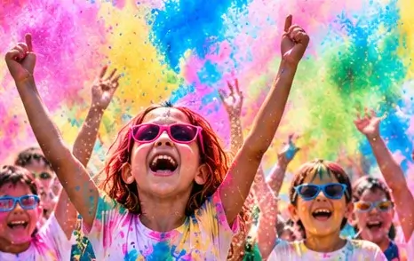 Crianças e recreadores em uma brincadeira com cores