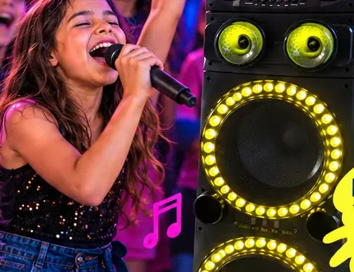 Criança com microfone participando de karaokê